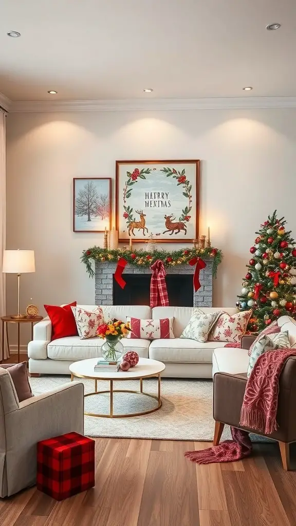 A cozy living room decorated for Christmas with holiday wall art, a Christmas tree, and festive decor.