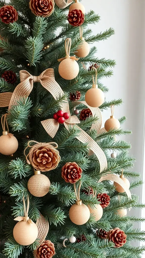 A sage green Christmas tree decorated with pine cones, wooden ornaments, and burlap ribbons.