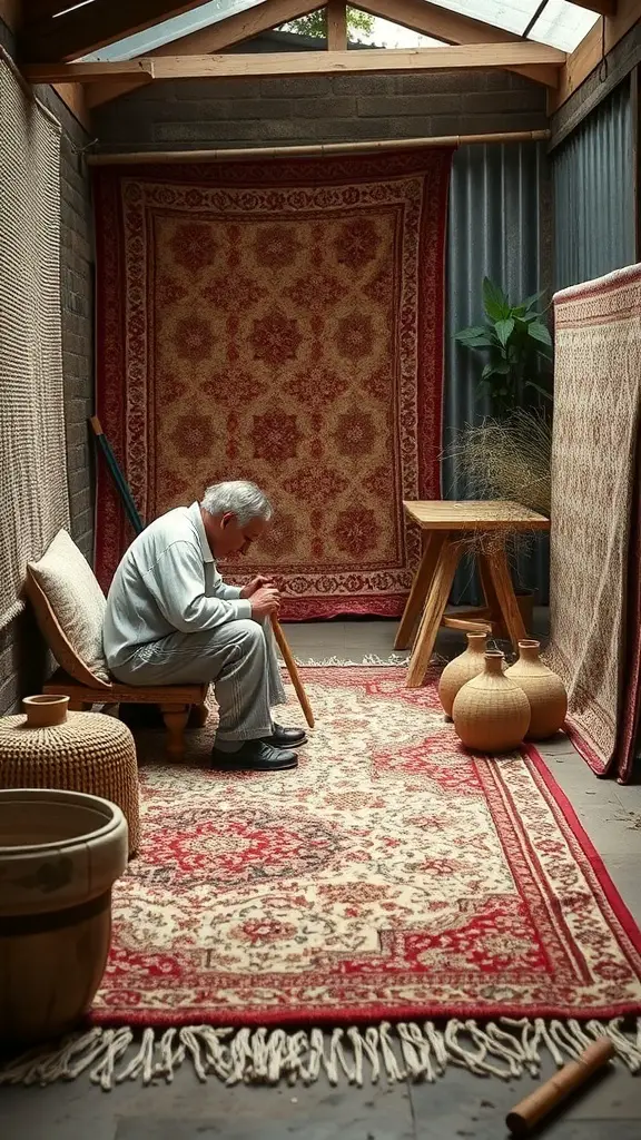31+ Stunning Tufted Rug Designs You’ll Love 12 An artisan working on a tufted rug in a cozy workshop