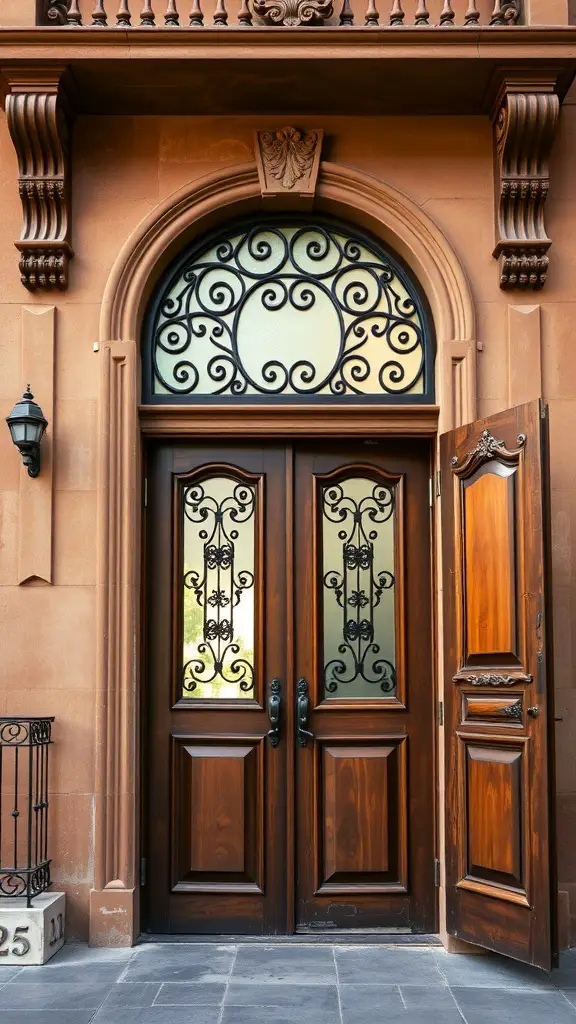 29+ Inspiring Spanish Revival Home Designs You’ll Love 6 A beautifully crafted wooden double door with intricate ironwork and glass panels, showcasing Spanish Revival architectural style.
