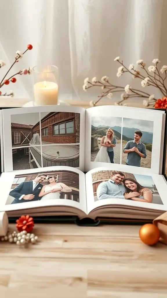 31+ Thoughtful Anniversary Gift Ideas for Every Couple 4 A personalized photo album open to showcase various photographs, surrounded by decorative elements.