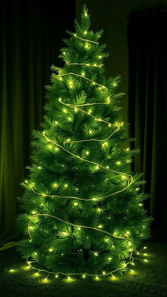 A sage green Christmas tree wrapped in fairy lights, glowing softly in a dimly lit room.