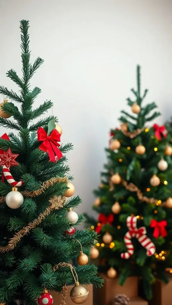 A beautifully decorated green velvet Christmas tree with red bows, gold ornaments, and candy cane decorations.