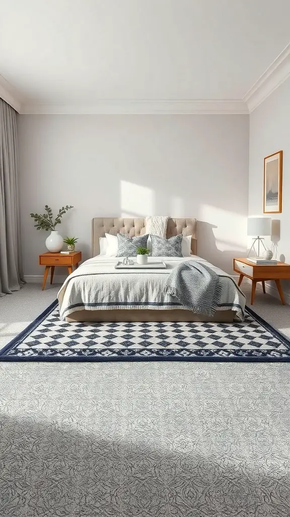 23+ Stylish Grey Carpet Bedroom Ideas for a Cozy Retreat 6 A cozy bedroom with a grey carpet and a patterned rug layered on top.