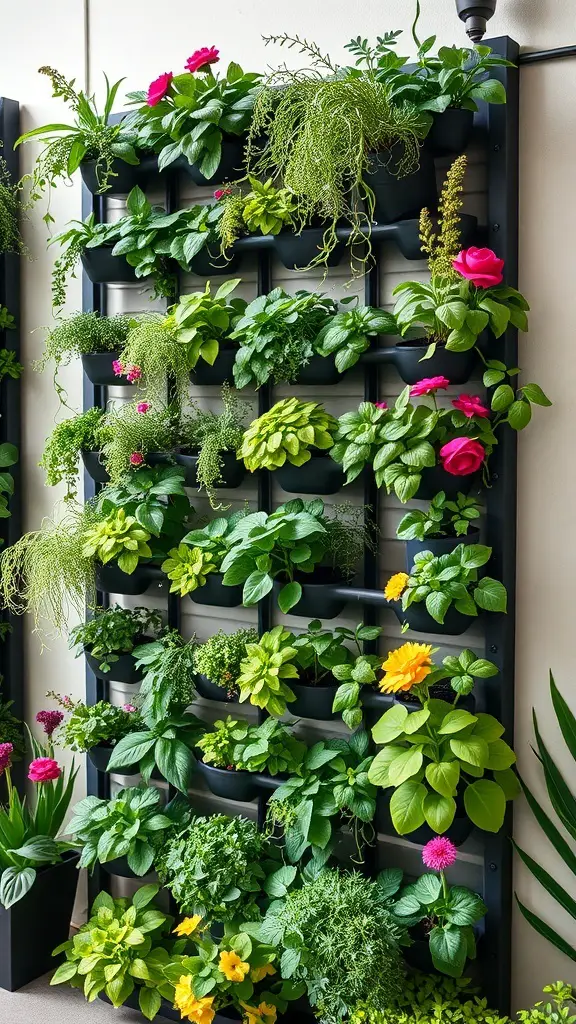 A vibrant vertical garden with various plants and flowers arranged on a wall-mounted system.