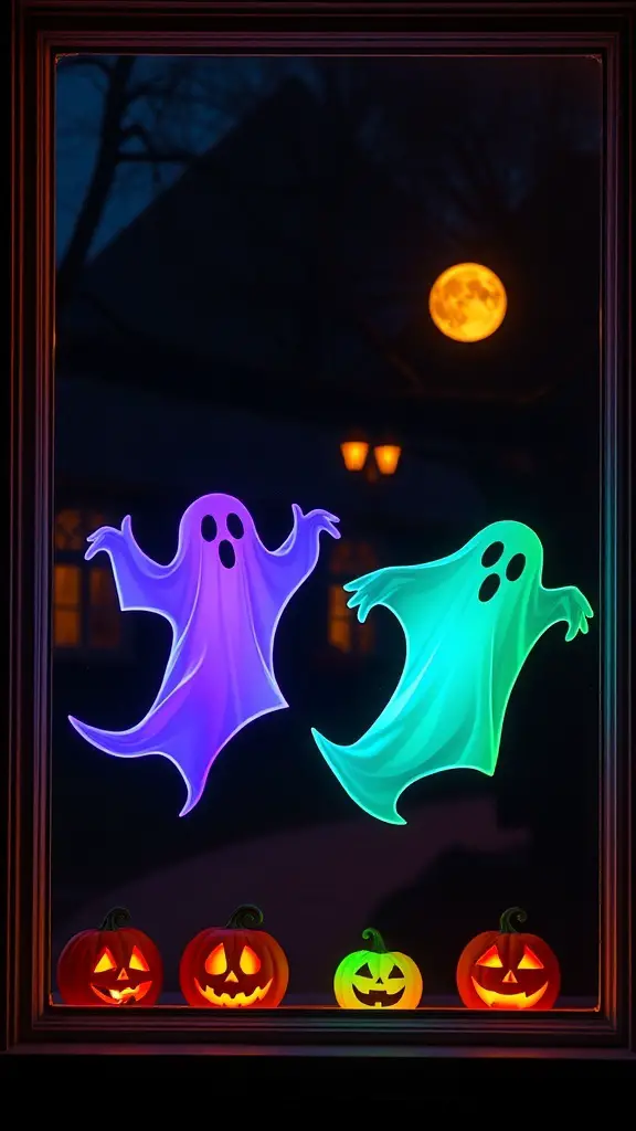 Colorful ghost window clings with jack-o'-lanterns and a full moon