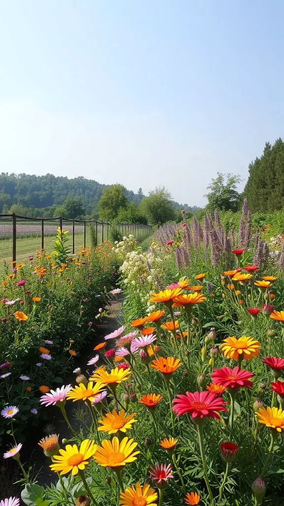 27+ Stunning Wildflower Landscaping Ideas for Your Garden 11 A colorful wildflower garden with a pathway, showcasing seasonal blooms under a clear sky.