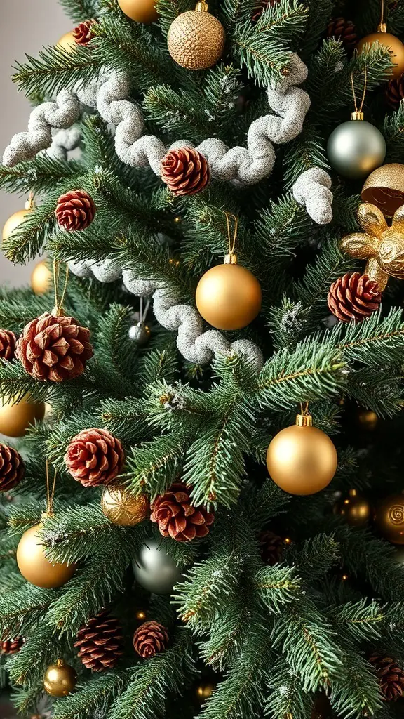 A beautifully decorated Christmas tree featuring brown pine cones and gold ornaments.