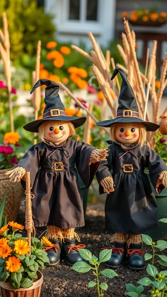 Two scarecrow figures dressed as witches standing in a garden with flowers.