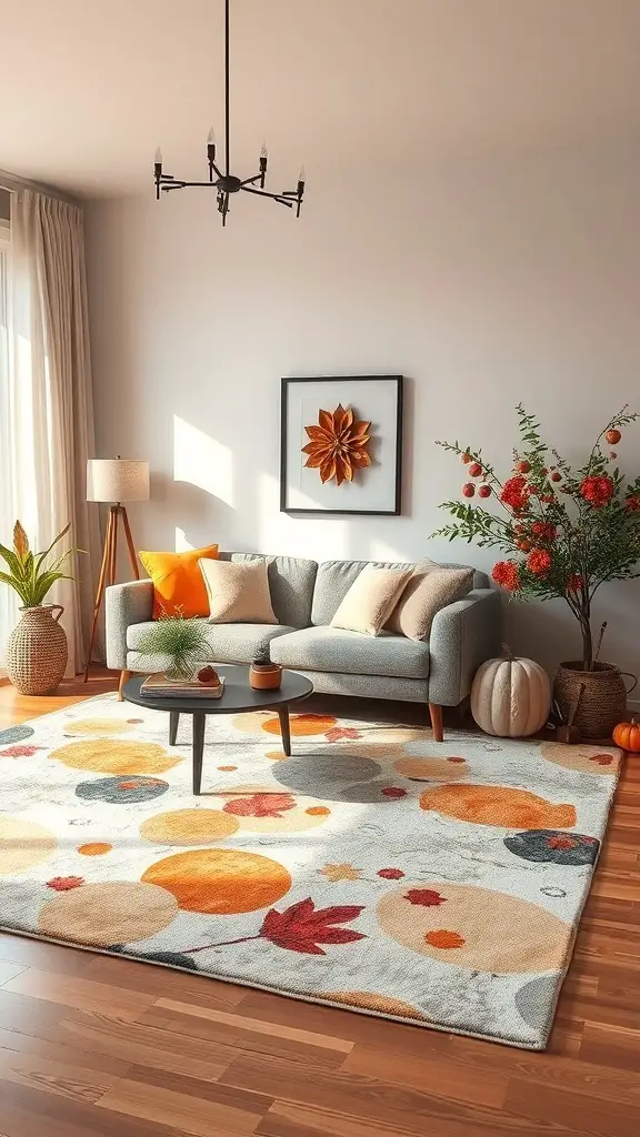 29+ Stunning Abstract Rugs to Elevate Your Living Room Decor 10 A cozy living room with an abstract rug featuring warm autumn colors, complemented by seasonal decor.