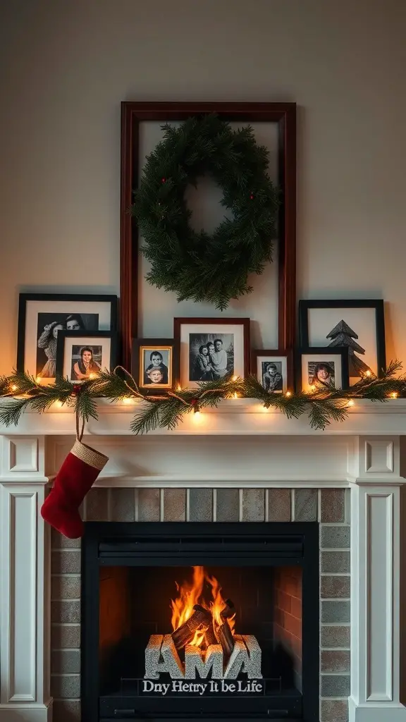 A cozy fireplace decorated with family photos, a wreath, and a red stocking.