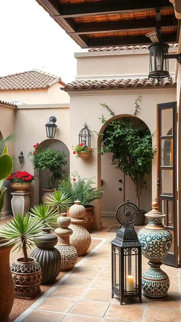 23+ Stunning Mediterranean Patio Ideas for Your Outdoor Oasis 13 Mediterranean patio with decorative pots and lanterns
