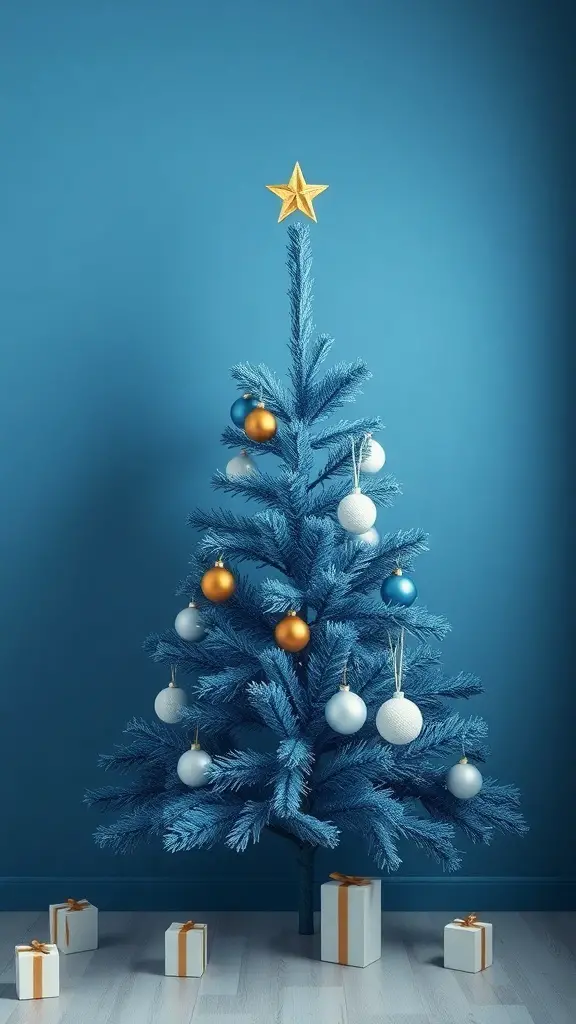 A modern minimalist blue Christmas tree with ornaments and gifts.