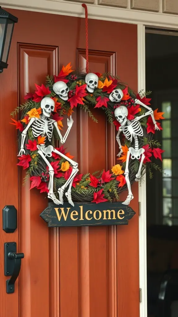 A Halloween wreath featuring skeletons and colorful autumn leaves, hanging on a door with a 'Welcome' sign.