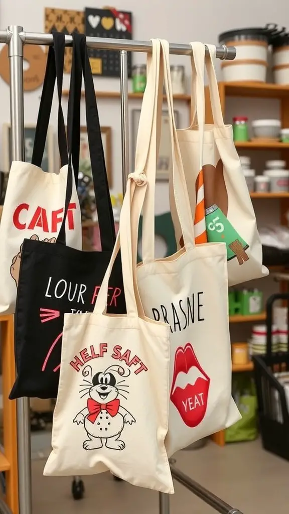 A variety of customized tote bags with playful designs and text hanging on a rack.