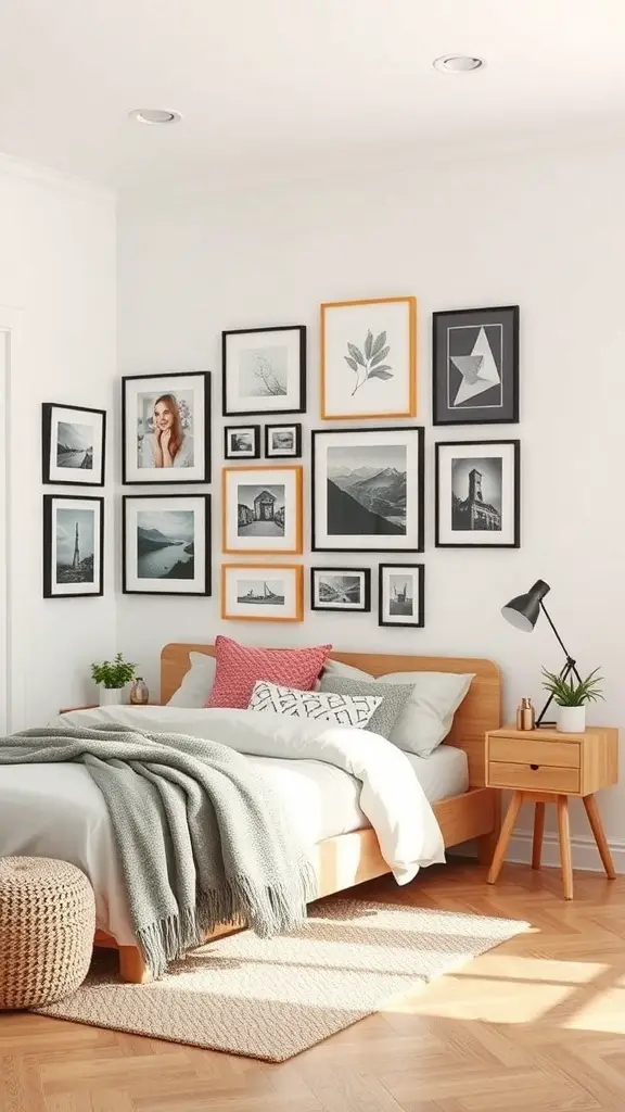 A small bedroom with a personalized gallery wall featuring black and white framed photos and colorful accents.