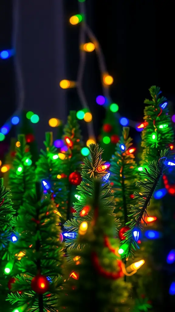Colorful miniature Christmas trees with lights and ornaments