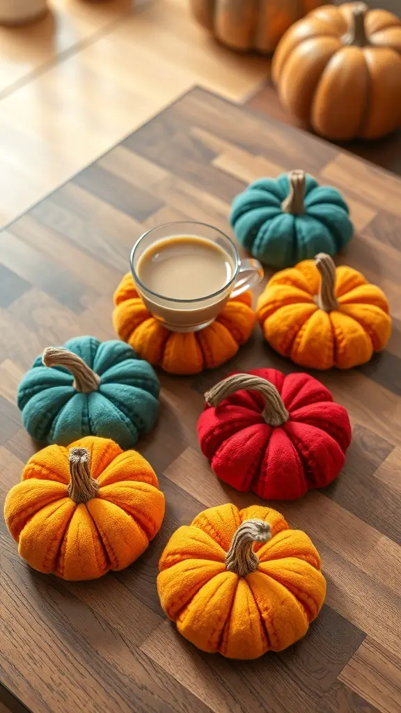Colorful felt pumpkin coasters on a wooden table with a cup of coffee.