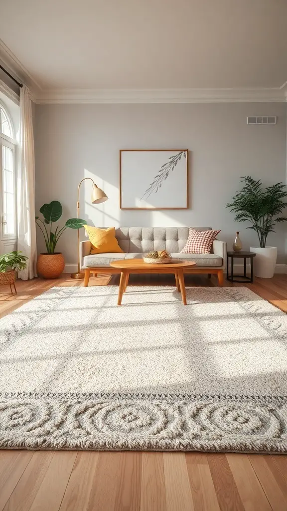 A cozy living room featuring a large area rug, soft furniture, and plants.