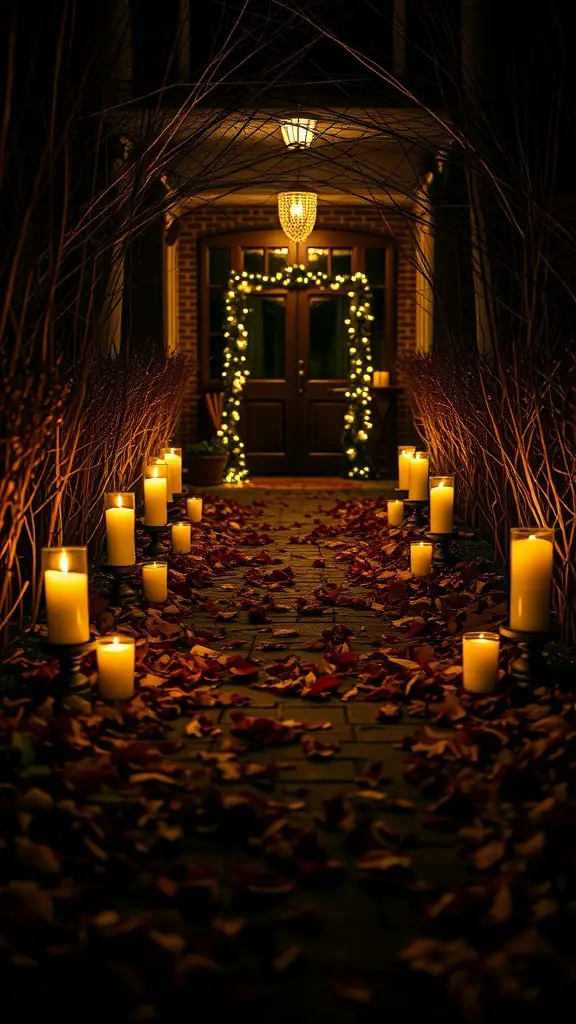 A candlelit pathway lined with dried leaves leading to a welcoming front door.