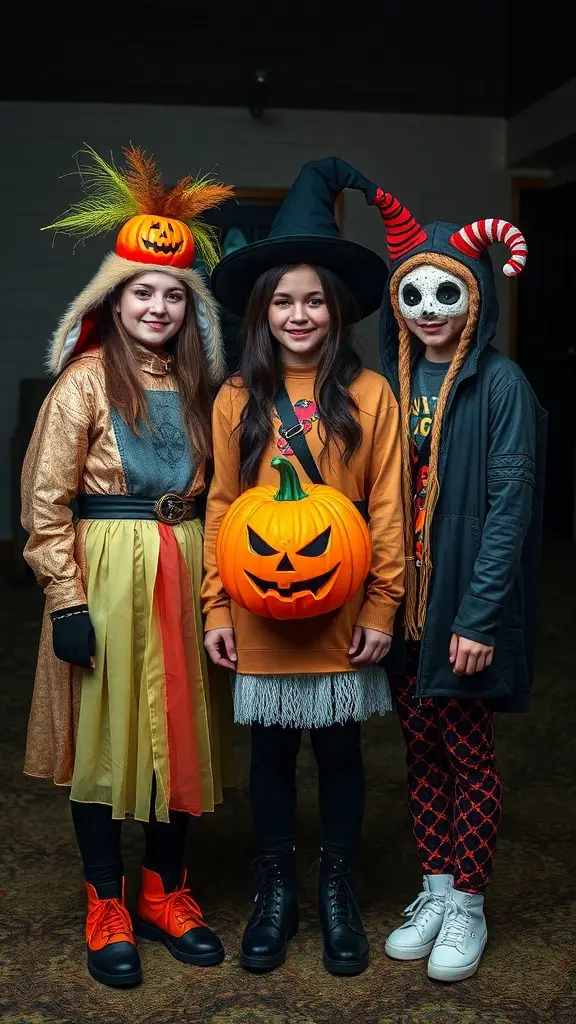 Three teens in creative Halloween costumes, featuring a pumpkin hat, witch's hat, and skull mask.