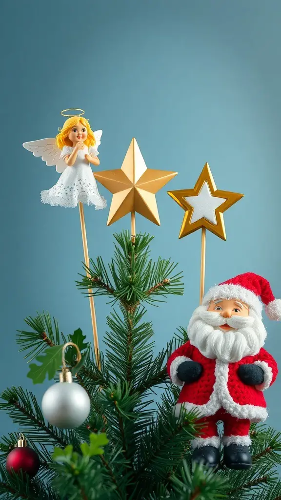 Whimsical Christmas tree toppers including an angel, golden stars, and a Santa figure.