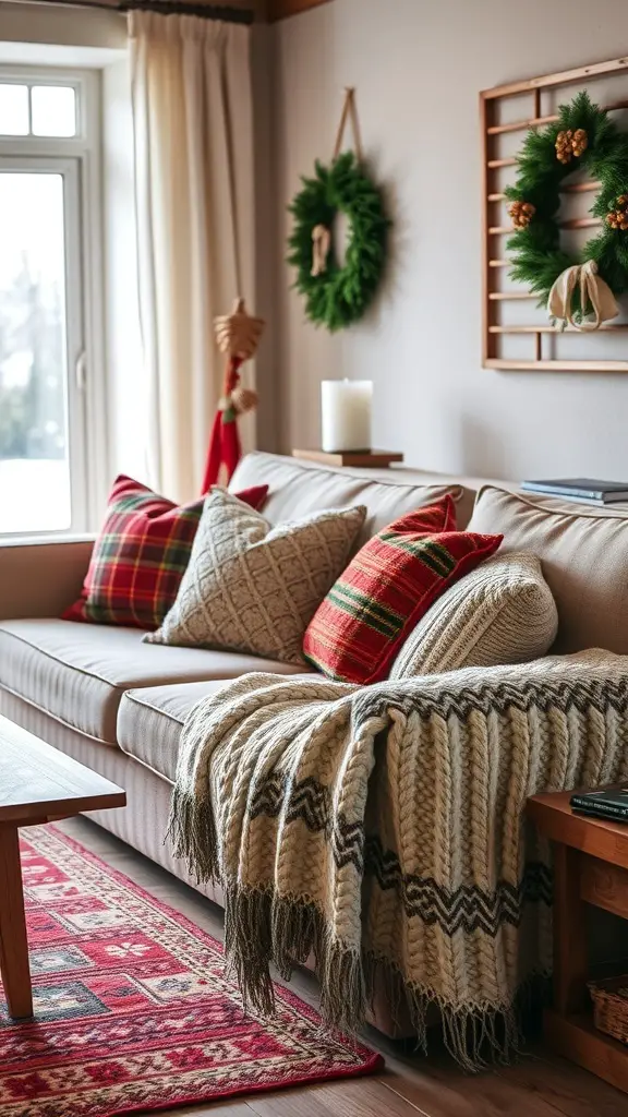A cozy living room with a knitted blanket on a sofa, plaid pillows, and festive decorations.