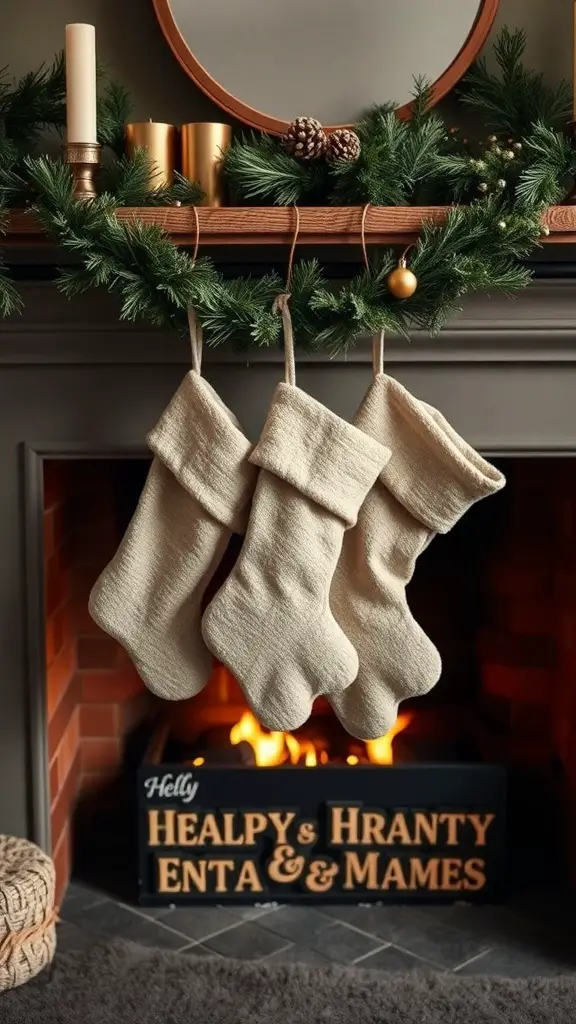 Three soft textured stockings hanging on a fireplace mantel decorated with greenery and candles.