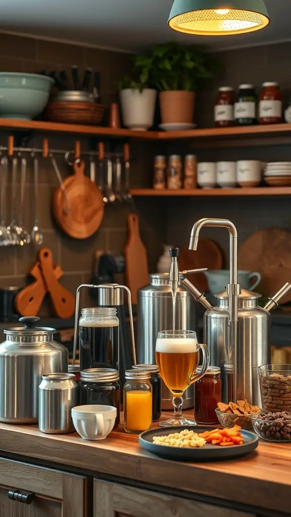 A cozy kitchen with brewing equipment and a glass of beer on the counter.