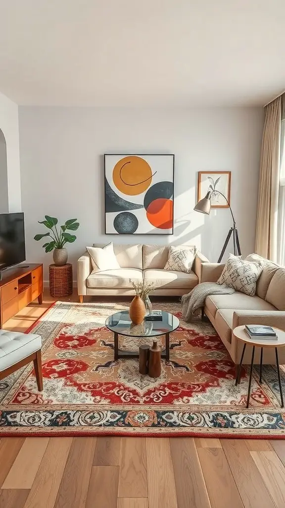 27+ Contemporary Rugs to Elevate Your Living Room Style 6 A cozy living room featuring a vintage-inspired contemporary rug with intricate patterns and warm colors.
