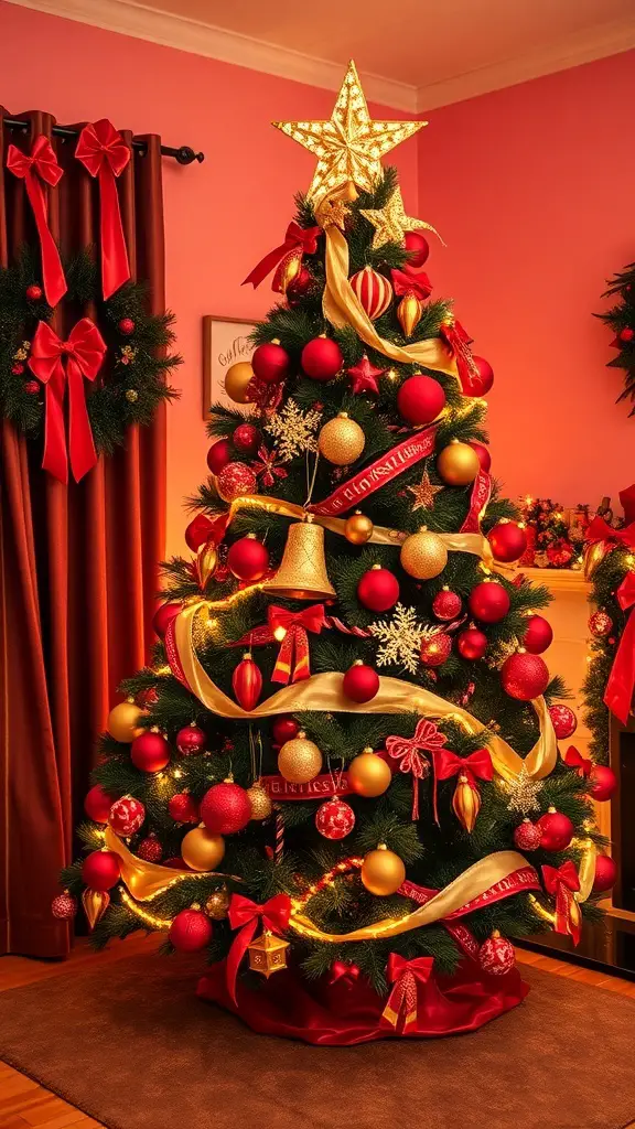 A beautifully decorated Christmas tree with red and gold ornaments, ribbons, and a star on top, set against a pink wall.