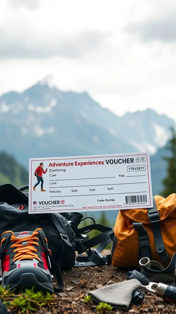 23+ Unique 2 Year Anniversary Gifts for Him 9 Adventure experience voucher with hiking gear in a mountain setting