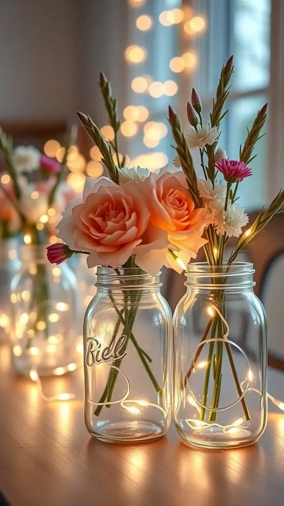 Mason jar centerpieces with flowers and fairy lights for a holiday wedding