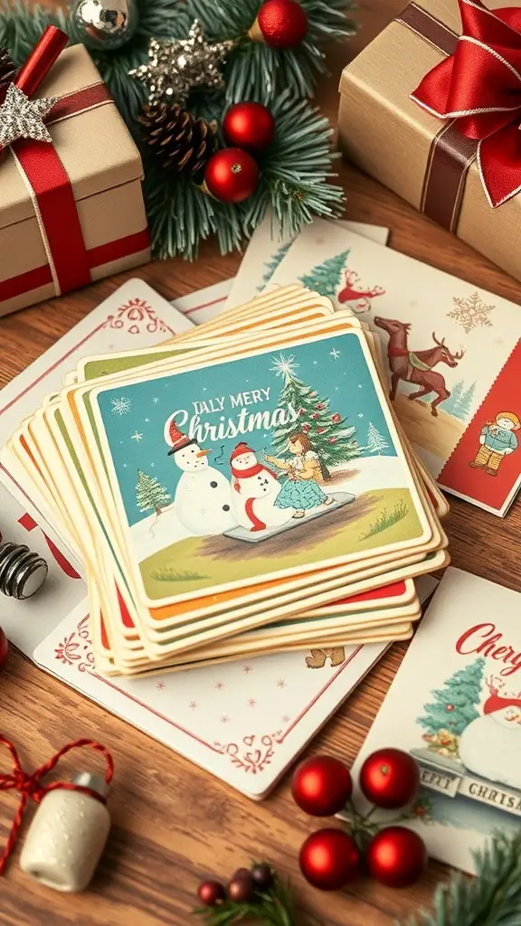 A collection of retro Christmas cards featuring snowmen, children, and festive designs, surrounded by holiday decorations.