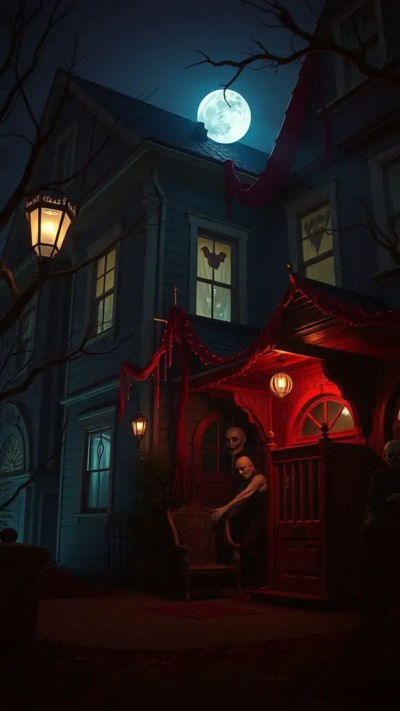 A spooky haunted house with a full moon, skeletons, and eerie decorations.