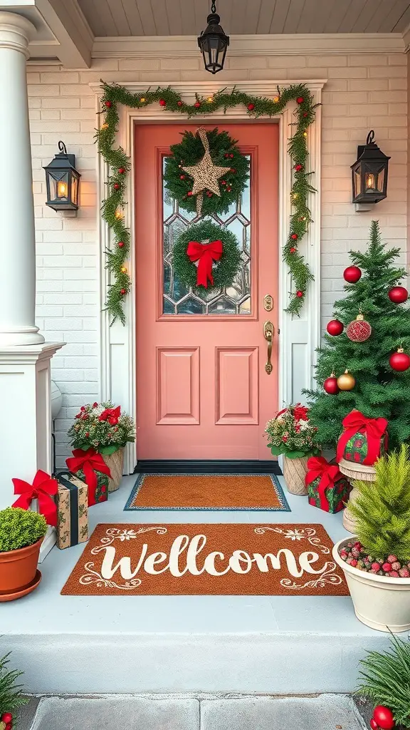 A festive porch with a doormat that says 'Welcome', decorated with a wreath, lights, and a small Christmas tree.
