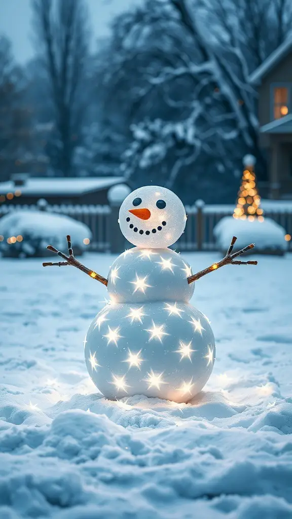 A glowing snowman figure made of lights in a snowy yard