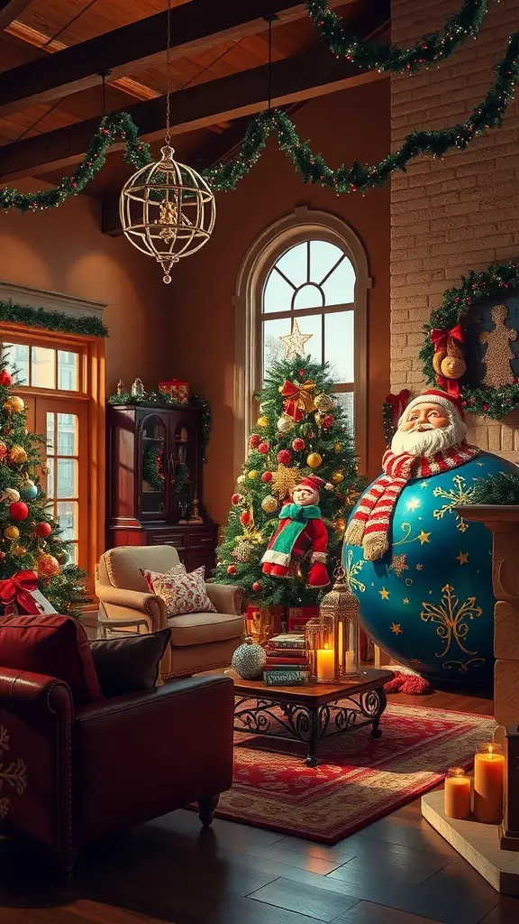 A cozy living room decorated for Christmas with oversized ornaments and trees.