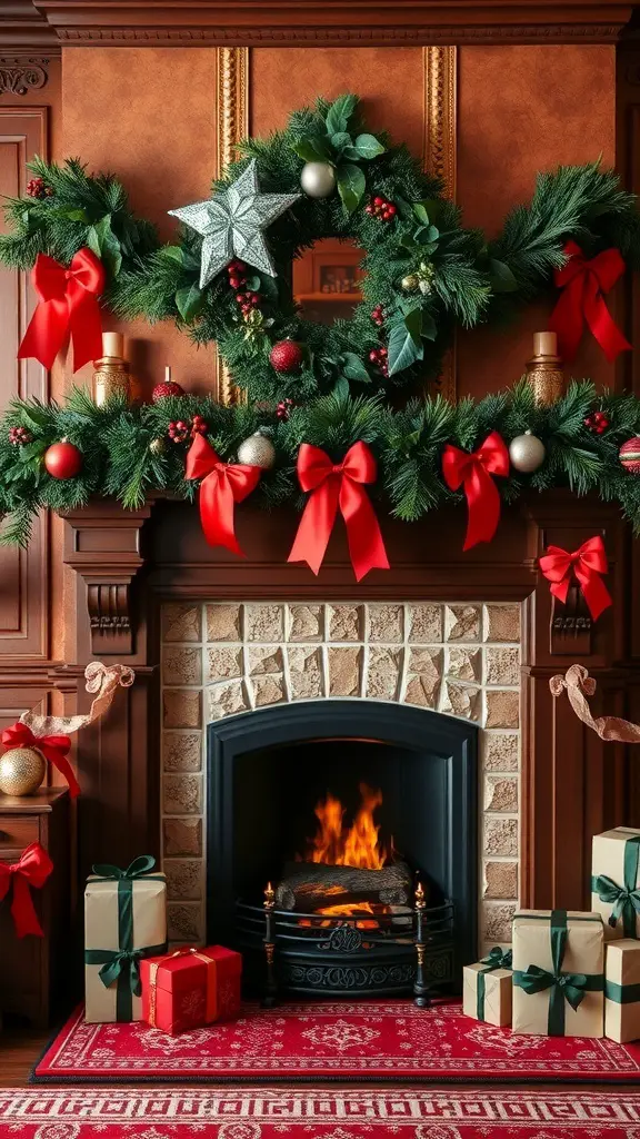 A cozy fireplace decorated with a green garland, red bows, and ornaments, featuring a silver star and surrounded by wrapped gifts.
