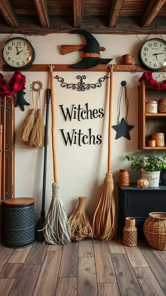 A cozy wall display featuring broomsticks and a sign that says 'Witches Witches' for Halloween decor.