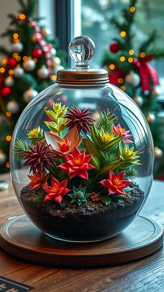 A decorative plant terrarium with colorful plants inside a glass container, set against a festive background.