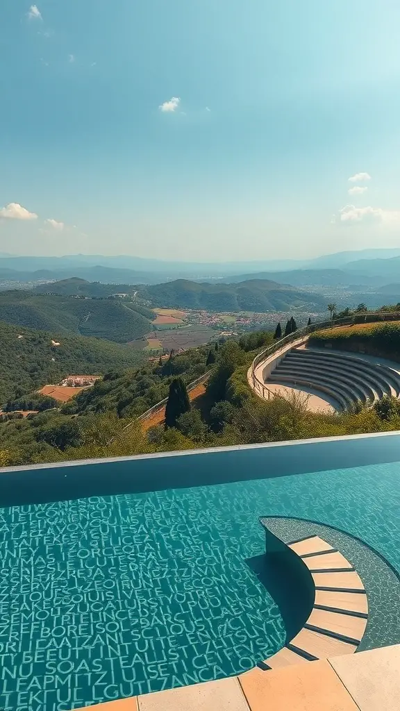 23+ Stunning Tuscan Pool Designs for Your Dream Backyard 6 A scenic view of a Tuscan infinity pool overlooking rolling hills and mountains.