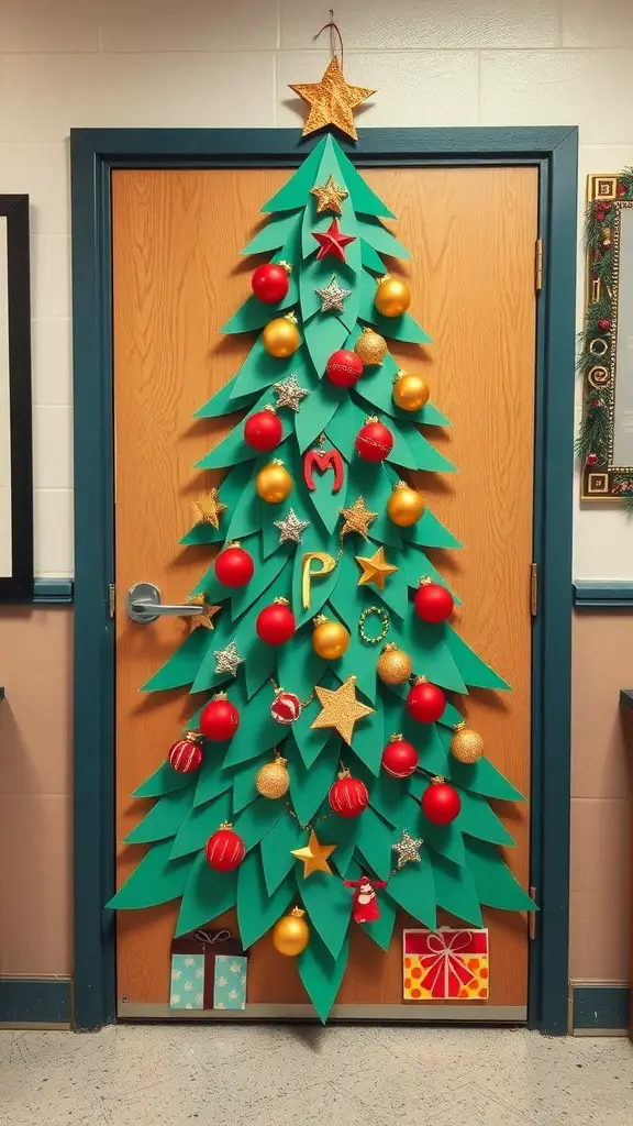 A classroom door decorated as a Christmas tree with colorful ornaments and presents.
