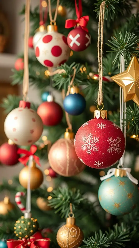Colorful handmade ornaments hanging on a Christmas tree