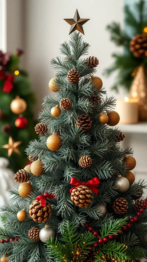 A beautifully decorated bronze Christmas tree with pinecones and ornaments.