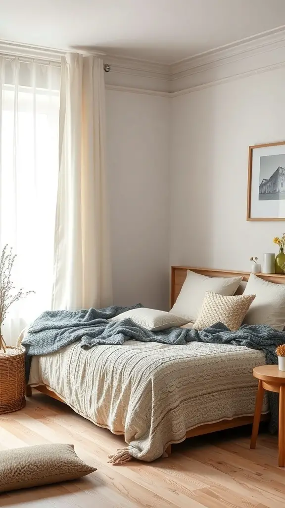 A cozy small bedroom featuring a full-size bed with textured fabrics, soft pillows, and natural light.