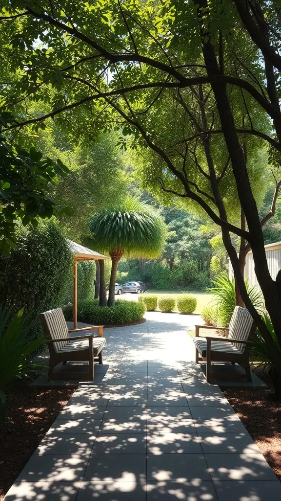 A serene garden pathway with two chairs under the shade of trees, surrounded by lush greenery.