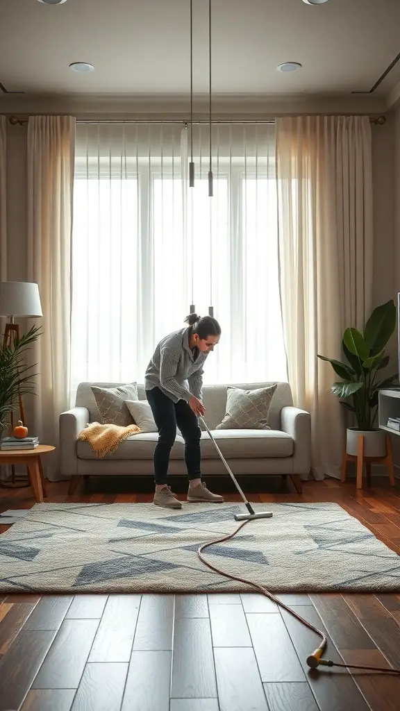 27+ Contemporary Rugs to Elevate Your Living Room Style 15 A person cleaning a contemporary rug in a living room setting.