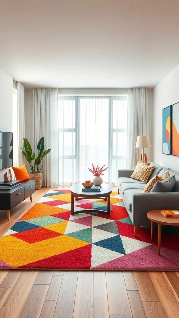 27+ Contemporary Rugs to Elevate Your Living Room Style 5 A living room featuring a colorful geometric patterned rug with triangles in red, yellow, blue, and pink.