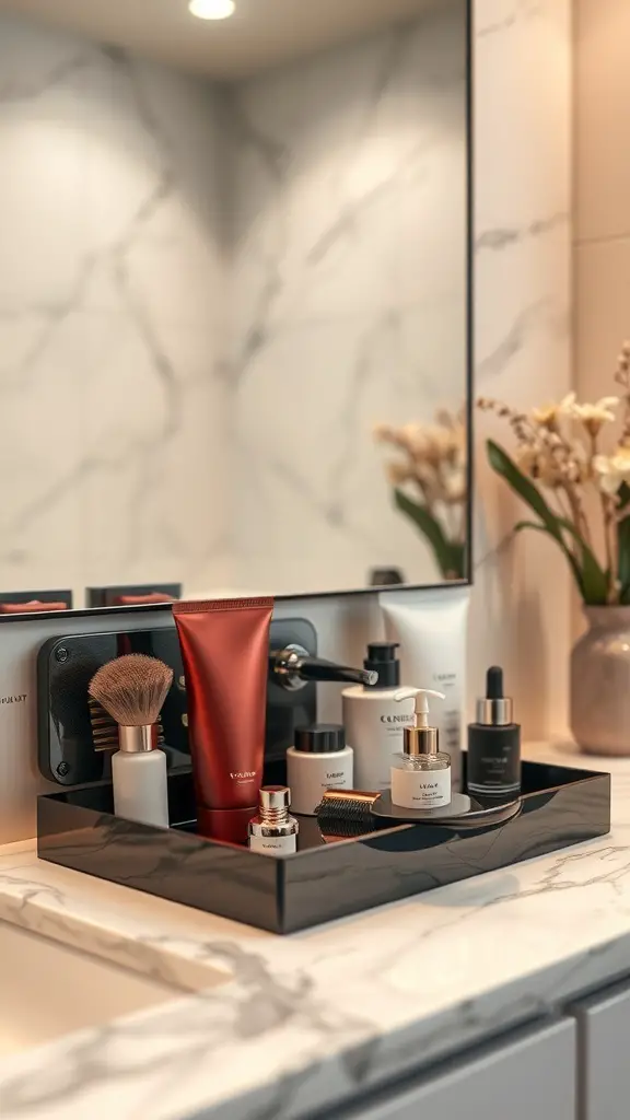 Luxury grooming kit displayed on a marble countertop with various grooming products